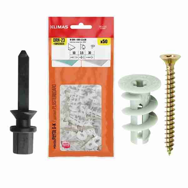 Kołki DRIVA z wkrętem do regipsu GK ślimakowe W DRN-23 KMH35030 KOŁKI DRIVA DO PŁYT KARTON GIPS GK REGIPS 8X23 ŚLIMAKOWY Z WKRĘTAMI 50SZ